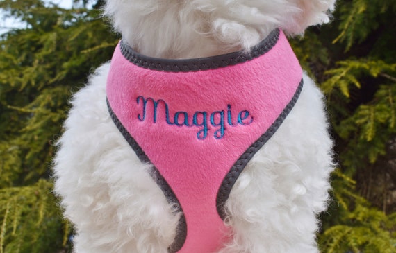 Handmade in USA Personalized Custom Pink Plush Padded DOG Harness With or Without Embroidered Name Adjustable Reflective Soft Comfortable 