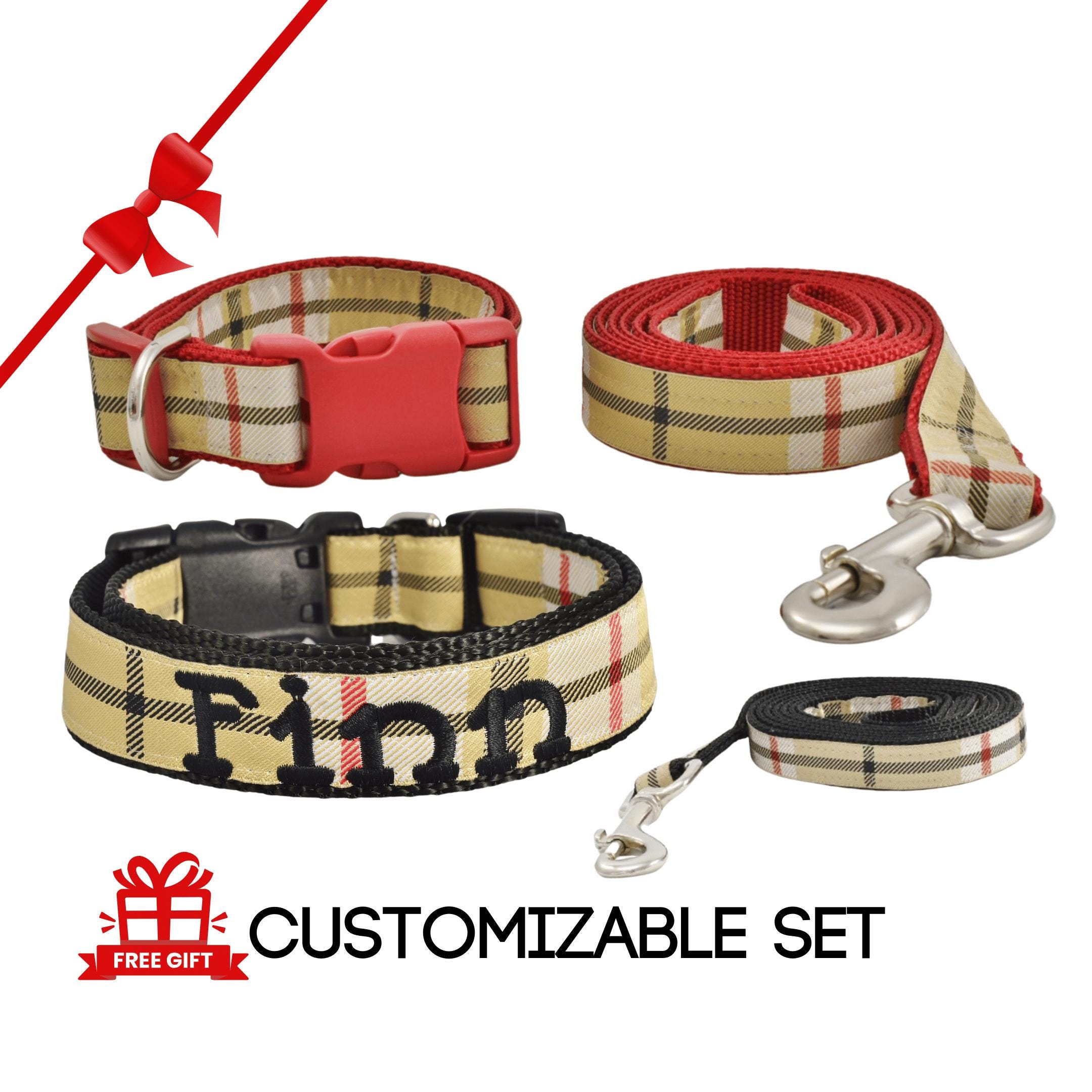 Plaid Dog Collar Leash Set, Personalized Collar, Custom Embroidered Tan Tartan & Lead For Small Medium Large Dogs A9
