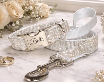 Wedding White Crystal Rhinestone Bling Dog Collar - Engraved Personalized Name - Leash - Luxury Sparkly Diamond Pet Collars Girl Boy XXS–XXL