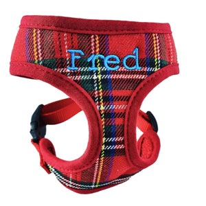 Personalized Red Plaid DOG Harness and Leash Set Girl, Boy, Adjustable Custom Harness with Name, New Puppy Harness Kit Gift for Her