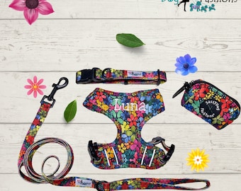 Personalized Floral Dog Harness Girl, Adjustable Dog Harness-Collar-Leash-Bag Set, Custom Dog Walking Vest Flower Harness Bundle Kit 5-80lbs