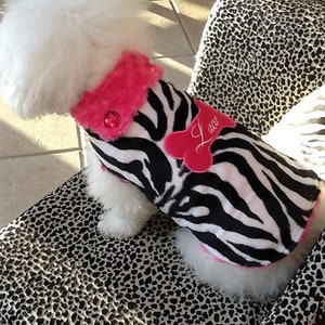 Personalized ZEBRA Animal Print FUR Dog COAT with Free Name & Tailoring Option for Cold Winter Weather, All Sizes, Fur Dog Coat for Girls image 2