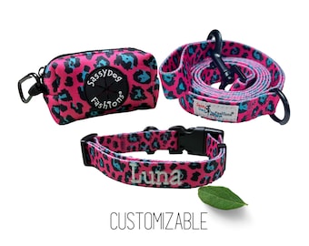 Pink Leopard Dog Collar Set, Personalized Pink Dog Collar and Leash, Pink Dog Collar Print Girl, Embroidered Collar, Girl Dog Collar Gift