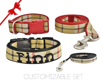 Tan Plaid Dog COLLAR and LEASH SET, Custom Dog Collar, Personalized Dog Collar, Embroidered Dog Collars, Large Dog Collar, Tartan Dog Collar