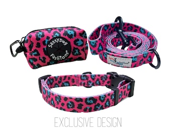 Adjustable Pink Dog Collar and Leash Set, Leopard Dog Collar Set, Dog Collar Print for Girls, Girl Dog Collar, X-Small - Large Dog Collar