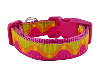 Bright Colorful Pink Wavy Dots Jacquard DOG COLLAR - Vibrant Dog Collar for Girl Dogs - Female Pet Lover, Gift for Dog, New Puppy Gift