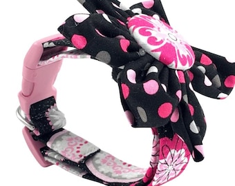 Prachtige roze en zwarte medaillon hondenhalsband met afneembare BLOEM, handgemaakte halsbanden, extra klein medium groot - Hondenhalsband meisje