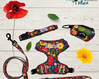 Personalisiertes Blumen Hunde Geschirr Mädchen - verstellbares Halsband, Poop Taschenhalter - Leine, niedliches Welpen Blumen Haustier Geschirr Set - Frühling Sommer Herbst