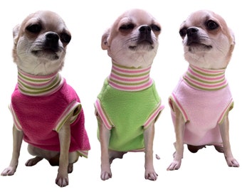 May include: Three chihuahua dogs wearing different colored sweaters. The sweaters are pink, green, and light pink with white and green stripes around the neck.