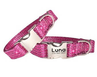 Engraved Pink Rhinestone Dog Collar XXS–XXL – Personalized Bling Collar for Girl Dogs – Custom Sparkle Collar – Designer Large Dog Collar 51