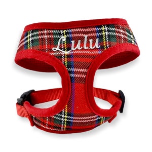 Red Plaid Personalized Dog Harness and Leash Set - Royal Stewart Tartan Custom Dog Harness with name - Adjustable Padded Harness Boy Girl