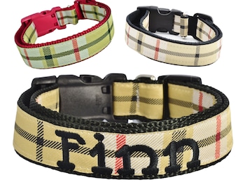 Tan Plaid Personalized DOG COLLAR, Tartan Custom Dog Collar, Embroidered Dog Collar, Boy Dog Collar, Custom Pet Gift, Plaid Dog Collar Boy