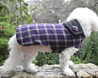 Custom Purple Plaid Dog COATS for Girls - Winter Dog Coat, Size X-Small to XL & TAILORING Option for Glove Fit, Warm Dog Coat, Dog Coat Boy