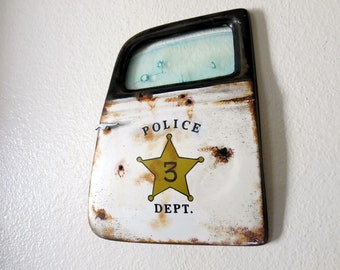 Policeman Gift:   Rusty Looking 1930's  Car Door, distressed looking art.  1/4 scale, one of a kind.