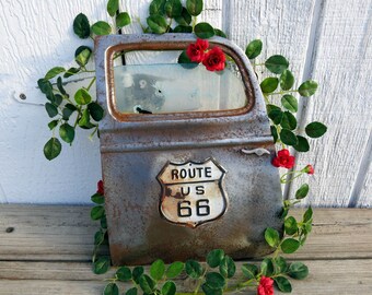 Metal Route 66 souvenir, Rusty 1930's  Car Door, distressed looking art.  1/4 scale, 34 Ford.