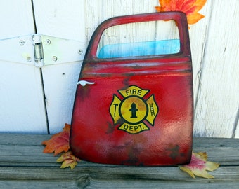 Fireman Gift:  Rusty Looking 1930's  Car Door, distressed looking art.  1/4 scale, one of a kind.