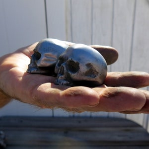 May include: Two small, metallic skull sculptures with a weathered, silver finish. The skulls are detailed with visible eye sockets, nasal cavities, and teeth. The sculptures are likely decorative items or collectibles.