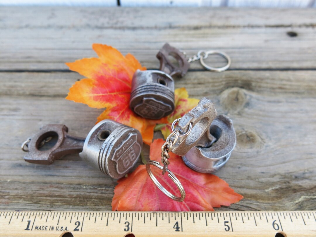 Route 66, 2 two Rusty Looking Aluminum Piston Keychains Miniature 1/3 ...