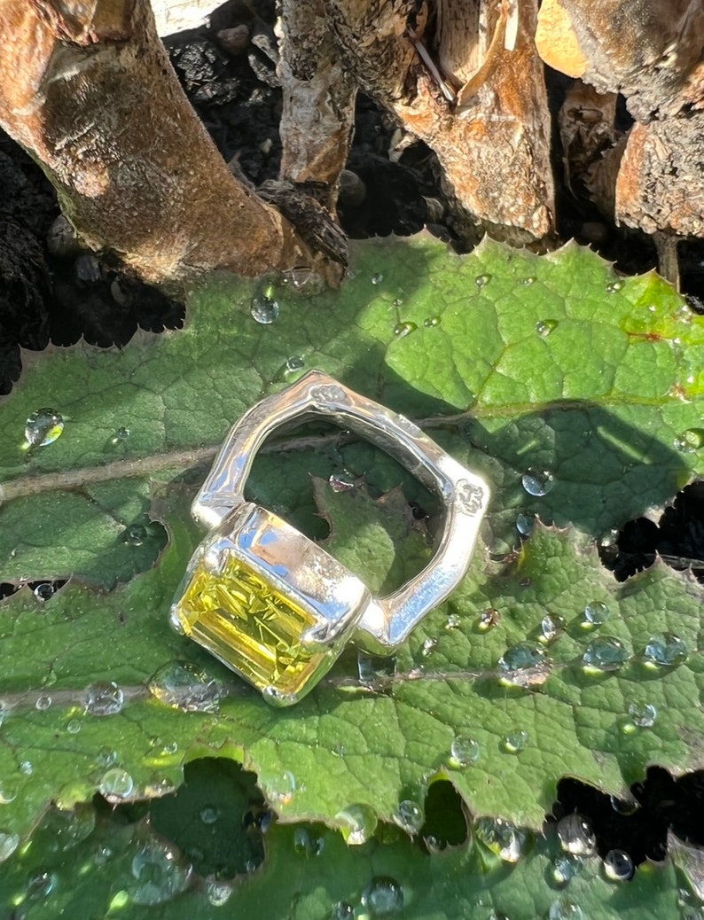 Peut inclure: Une bague en argent avec une grande pierre pr&eacute;cieuse jaune carr&eacute;e sertie au centre. La bague est pos&eacute;e sur une feuille verte avec des gouttelettes d'eau.