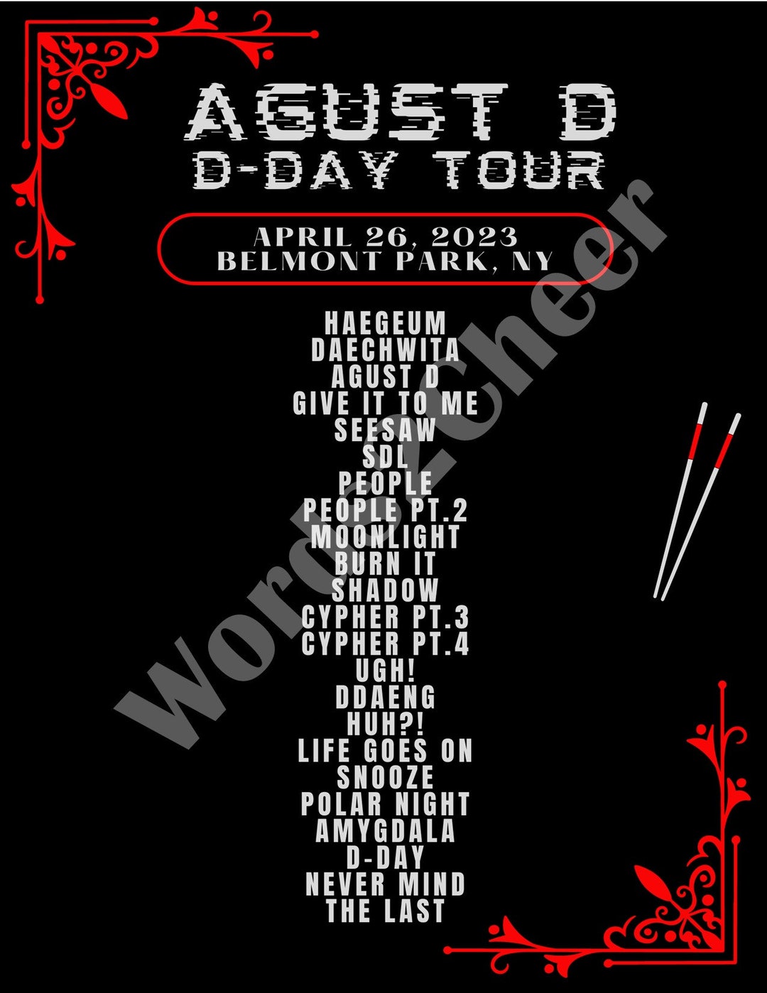 AGUST D Dday Tour Setlist Print 1 for Each Day SUGA, Yoongi, BTS, Suga