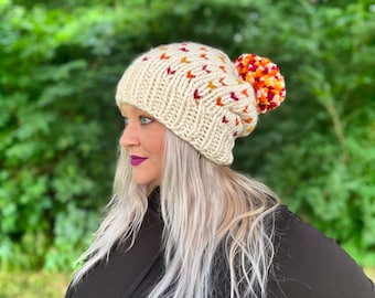Fall Beanie - Fall Hearts Beanie - Fall Colors - Womens Beanie Hat - Womens Beanie - Knit Beanie Hat - Halloween Beanie - Fall Leafs