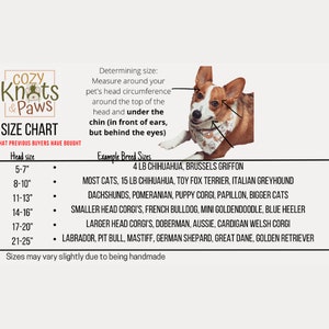 K&ouml;nnte beinhalten: Gr&ouml;&szlig;entabelle f&uuml;r Hunde-M&uuml;tzen, die die M&uuml;tzen-Gr&ouml;&szlig;en in Zoll und die entsprechenden Hunderassen zeigt. Die Tabelle enth&auml;lt Rassen wie Chihuahua, Corgi und Golden Retriever. Das Bild zeigt auch einen s&uuml;&szlig;en Corgi, der ein Bandana tr&auml;gt.
