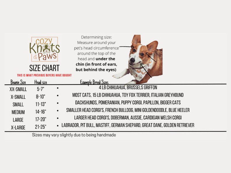 K&ouml;nnte beinhalten: Gr&ouml;&szlig;entabelle f&uuml;r Hunde-M&uuml;tzen, die die M&uuml;tzen-Gr&ouml;&szlig;en in Zoll und die entsprechenden Hunderassen zeigt. Die Tabelle enth&auml;lt Rassen wie Chihuahua, Corgi und Golden Retriever. Das Bild zeigt auch einen s&uuml;&szlig;en Corgi, der ein Bandana tr&auml;gt.