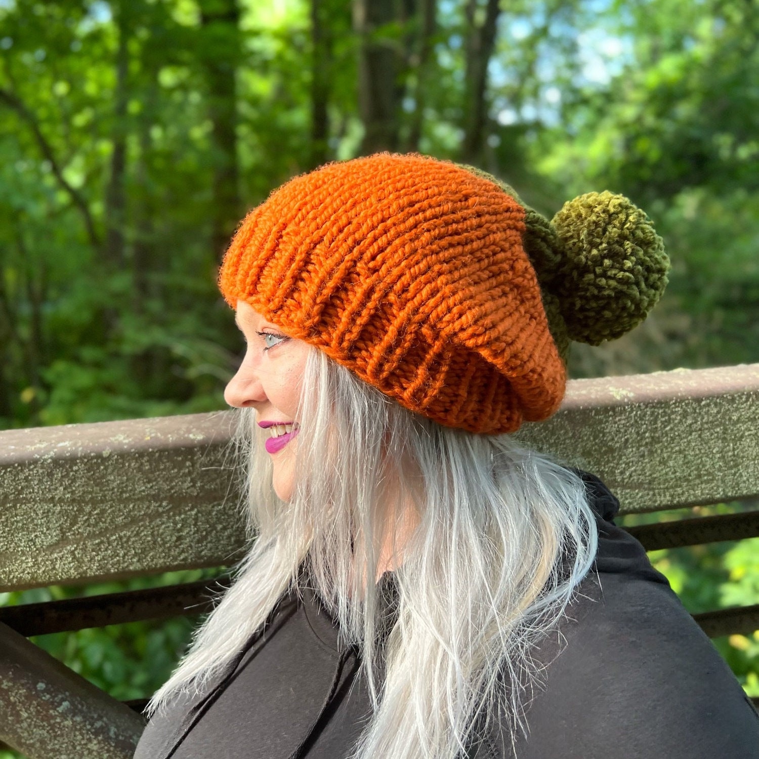Handmade Hand Crafted Adult Fall Knit Wool Hat Cream and Pumpkin Pumpkin Hand Knit Beanie Hat - Huggalugs main image 3