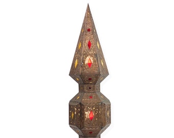 Bronze Metal Light Fixture with Pressed Glass Panels / Moroccan Punched Tin Lamp / Moroccan Brass Table Lamp