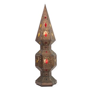Bronze Metal Light Fixture with Pressed Glass Panels / Moroccan Punched Tin Lamp / Moroccan Brass Table Lamp image 1