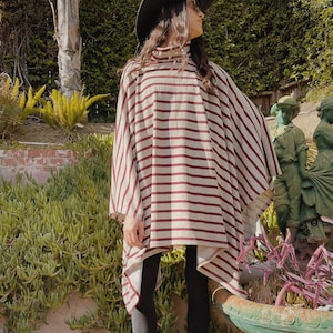 Unisex Red Striped Pullover Poncho With Hood // Red and Beige Turtleneck Poncho Sweater Sweatshirt Pullover for Men & Women