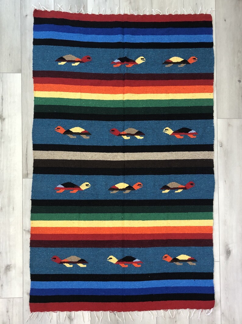 Handwoven Fiesta De Tortugas Baja Blanket Blue Stripes