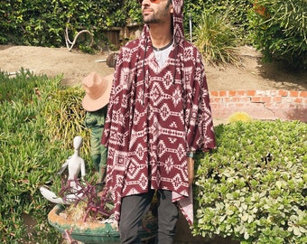 Unisex Burgundy Aztec Pullover Poncho With Hood // Aztec Pattern Mexican Baja Hoodie Poncho Sweater Sweatshirt Pullover for Men & Women