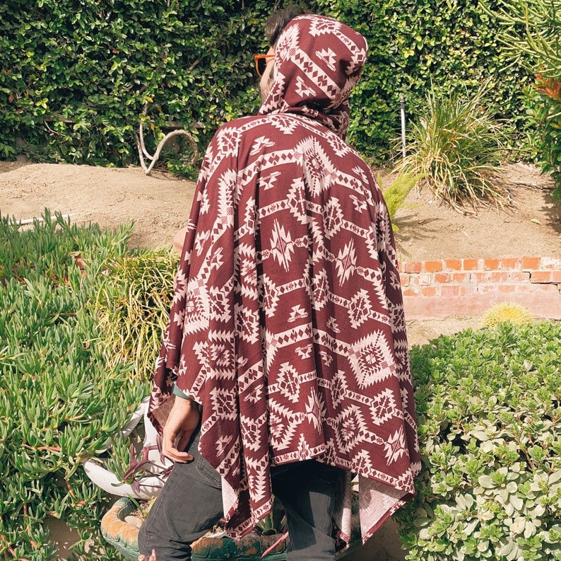 Unisex Burgundy Aztec Pullover Poncho With Hood // Aztec Pattern Mexican Baja Hoodie Poncho Sweater Sweatshirt Pullover for Men & Women image 2