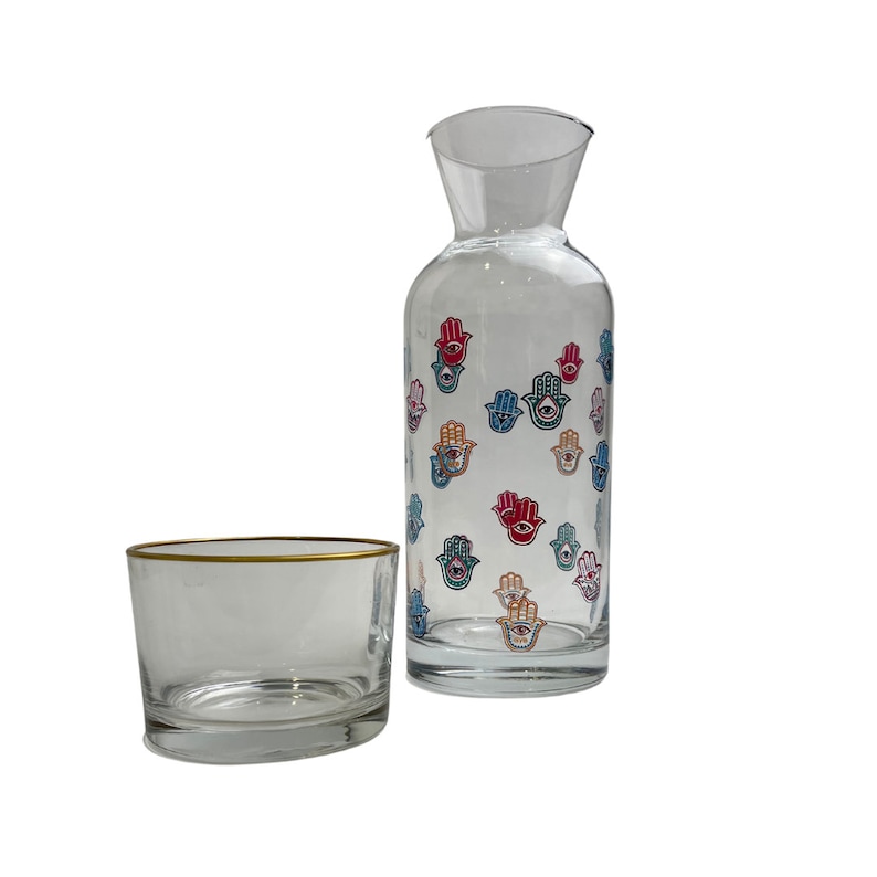 Bedside Water Carafe with colorful hamsa pattern