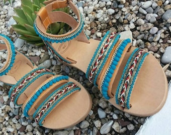 Pom Pom Sandals, Bohemian Sandals, Greek Leather Shoes,  Decorated Green Sandals, Women Shoes, Flat Shoes, Summer Shoes, Strip Shoes, Diy