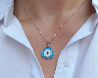 Light Blue Teardrop Evil Eye Necklace, High-Quality Sterling Silver Chain,Charm Jewell, Delicate Necklace, Target Necklace, Mother Day Gift