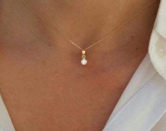 Massief gouden Solitaire ketting, ketting van hoge kwaliteit, Diamond Prong ketting, gelaagdheid ketting, Cubic Zirconia, minimalistisch, massief gouden sieraden