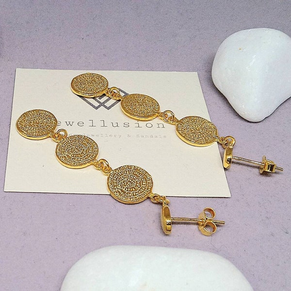 Phaistos Triple Coin Earrings, Ancient Greek Earrings, Long Earrings, Coin Earrings, Minoan Earrings, Dangle Earrings, Mother's Day Gift