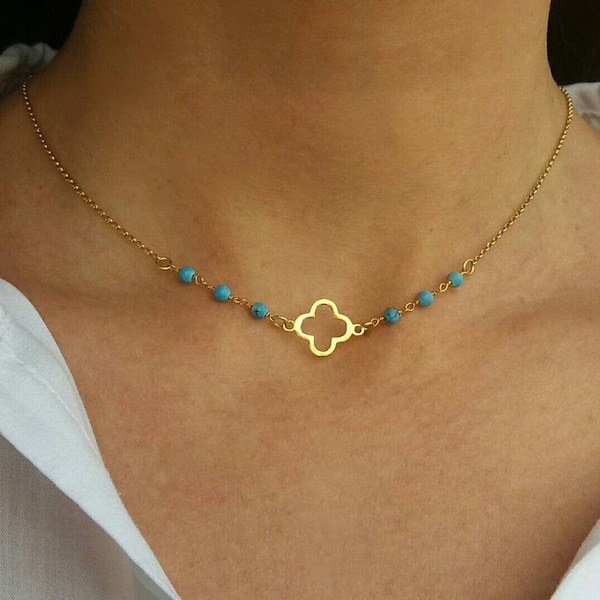 Turquoise Clover Necklace Gold, Beaded Necklace, Dainty Clover Necklace, Turquoise Pendant, Lucky Charm, Minimalist, Mother's Day Gift