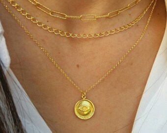 Gold Evil Eye Coin Necklace, Paperclip Chain, Gold Layered Chain Necklaces, , Set of 3 Necklaces 14k Gold Filled, Chain Necklace