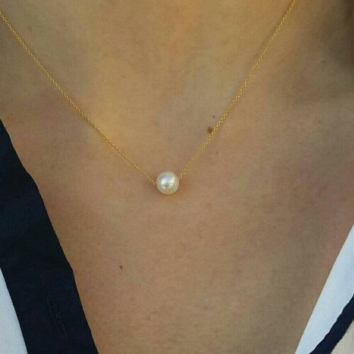 Solid Gold Pearl Necklace, Pearl shops Necklace, Handmade, Natural Freshwater Pearl Necklace, Bead Necklace, Layering Necklace, Christmas Gift