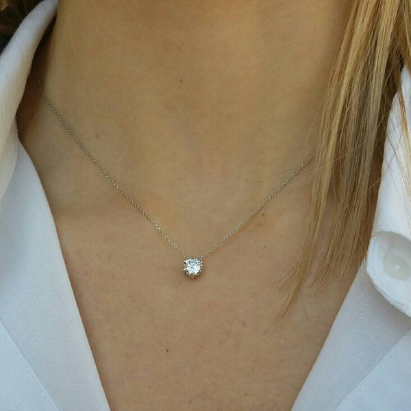 Floating Diamond Necklace, Bridesmaid Gift, Big Single Diamond, Diamond Solitaire Necklace, Crown Necklace, Prong Necklace