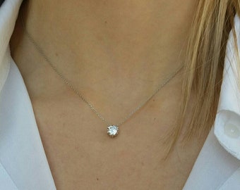 Floating Diamond Necklace, Bridesmaid Gift, Big Single Diamond, Diamond Solitaire Necklace, Crown Necklace, Prong Necklace