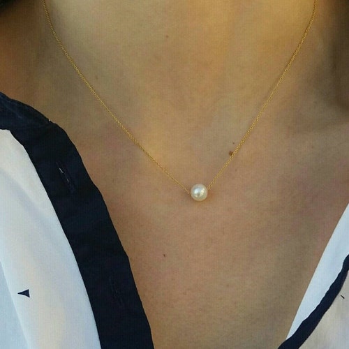 Solid Gold Pearl Necklace, Pearl shops Necklace, Handmade, Natural Freshwater Pearl Necklace, Bead Necklace, Layering Necklace, Christmas Gift