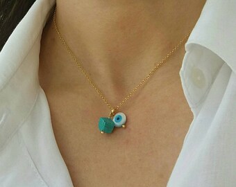 Turquoise Cube and Evil Eye Necklace