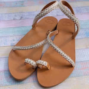 Pearl & Lace Greek Leather Sandals: Beach Wedding Shoes