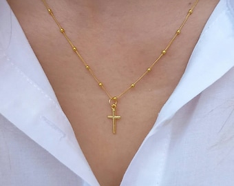 Cross Necklace, Religious Necklace , Beaded Chain with Cross Necklace, Dainty Gold Christian Necklace, Amulet Necklace, Christmas Gift