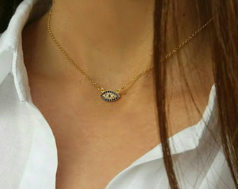 Collar de mal de ojo, collar relleno de oro azul delicado de 14k, ojo griego, regalo de dama de honor de boda, regalos para mujeres, regalo del día de la madre