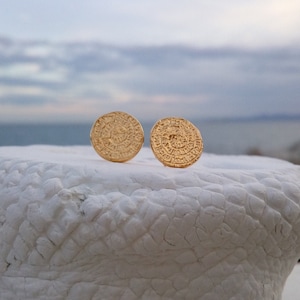 Solid Gold Phaistos Stud Earrings, Labyrinth Earrings, Ancient Greek Studs, Dainty Stud Earrings, Minoan Earrings, 14k Gold, Charm Necklace